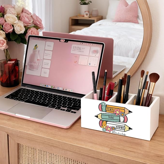 Teacher Life Wooden Desk Organizer, Cute Pencils Design Pen Pencil Holder with 3 Compartments, Decorative Office Supply Storage Box for Desk, Home, Classroom, Gift for Teachers