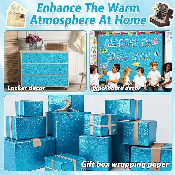 Glitter Bulletin Board Paper Roll Sparkle Wrapping Paper Bulletin Board Decor Glitter Poster Gift Wrapping DIY Art Crafts Wallpaper Background for Home Office Classroom Decor 17" x 20ft, Lake Blue