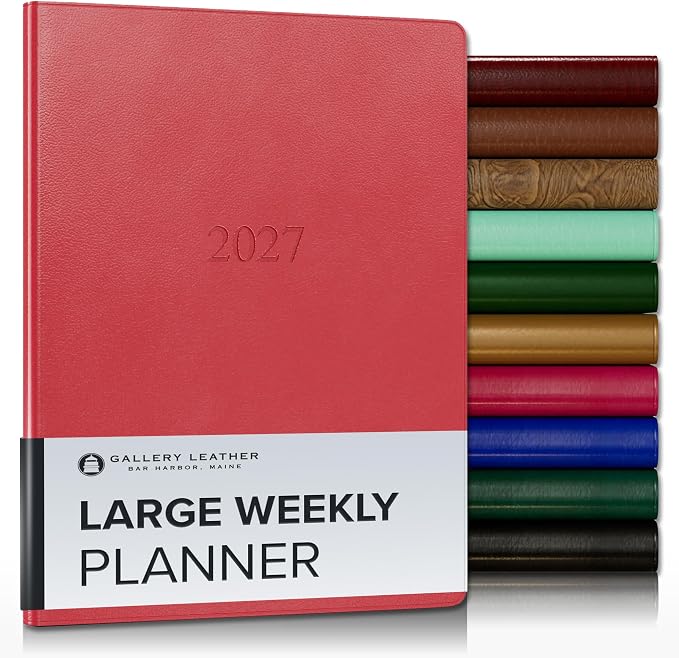 Gallery Leather Large Weekly Monthly Planner 2027, Elegantly Bound Calendar Planner and Notebook with Stylish Gold-Gilded Page Edges, 12 Months - Caribbean Red - 9.75x7.5"