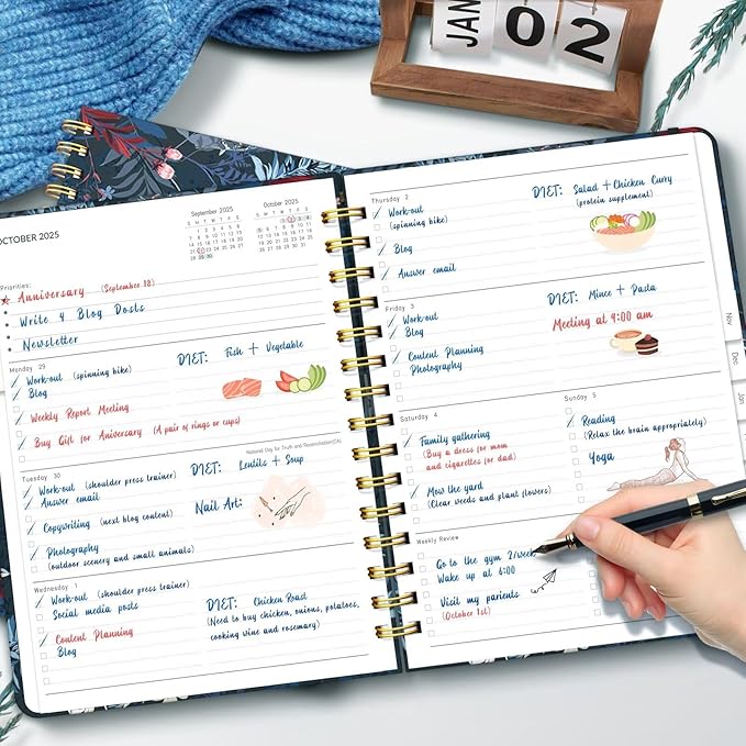 Lonely Oak Academic Planner 2025-2026, Daily Weekly and Monthly Calendar Planner 8.5" x 11" with Tabs, Spiral School Year A4 Agenda from JUL.2025 to JUN.2026 for Student and Teacher (Black Bloss)