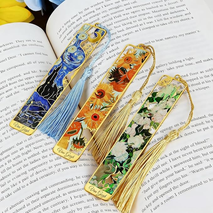 Kinsound Metal Bookmarks with Tassel, Golden Van Gogh Monet Oil Painting Theme Cute Hollow Book Markers for Reading Women, Teachers, Students, Reading Accessories Gifts for Book Lovers (Style A(6PCS))