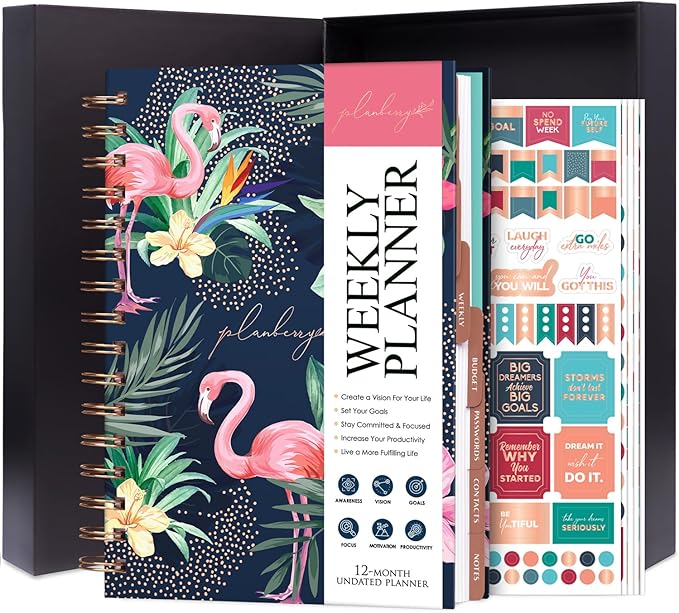 PLANBERRY Weekly Planner Premium – Undated Life Organizer & Budget Planner – Time Management, Goal Setting, To-Do List, Work-Life Balance & Habit Tracker – 6.9″ x 8.5″ (Rose Flamingo)