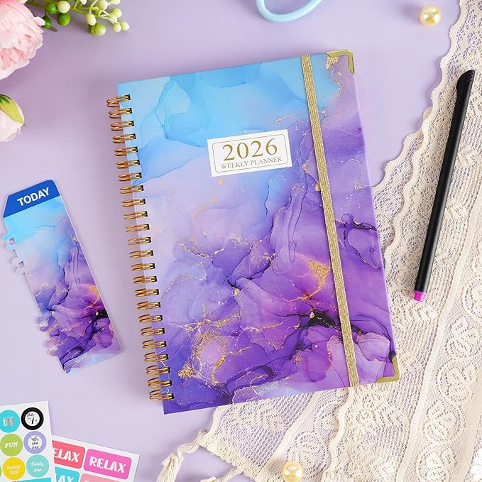 2026 Planner, Daily Weekly Monthly Planner with Tabs, 2026 monthly planner with Color Pen, Sticky Notes and Stickers, 6.2" x 8.5", Durable Twin Wire Binding, Storage Pocket - Purple Marble