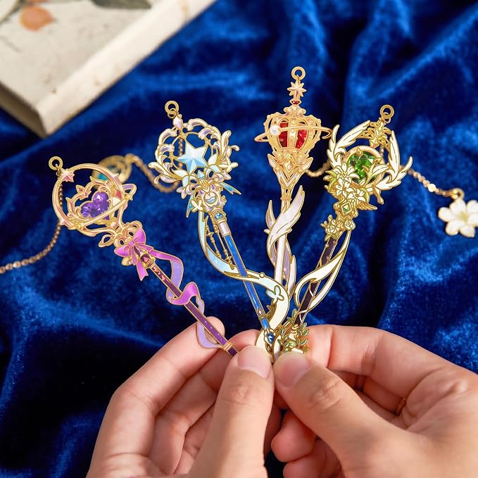4 PCS Fantasy Wand Bookmarks, Magic Metal Book Marks for Reading Women, Girls, Birthday Christmas Gifts