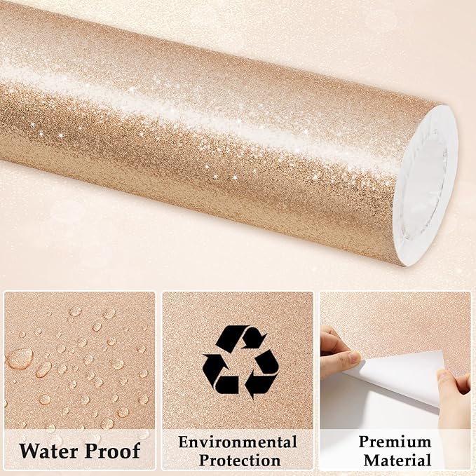 Glitter Bulletin Board Paper Roll Sparkle Wrapping Paper Bulletin Board Decor Glitter Poster Gift Wrapping DIY Art Crafts Wallpaper Background for Home Office Classroom Decor 17" x 20ft, Champagne