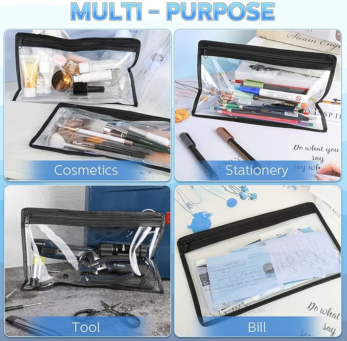 Outus 8 Pcs Clear Zipper Pouches Pencil Pouches PVC Makeup Pouch Envelopes Folder Storage Multi Purpose Pouch Document File Organization Bags, Office Supplies (Black Edging,11.5 x 7 Inches)