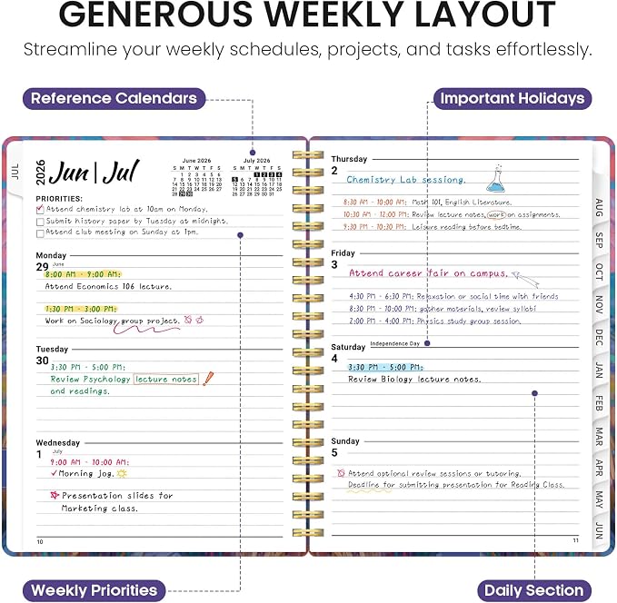 Planner 2026–2027, Academic Year Monthly & Weekly Calendar Book, Jul 2026–Jun 2027, Hardcover Organizer with Tabs, Student & Teacher Planner, 6.3" x 8.5", Painted Fields