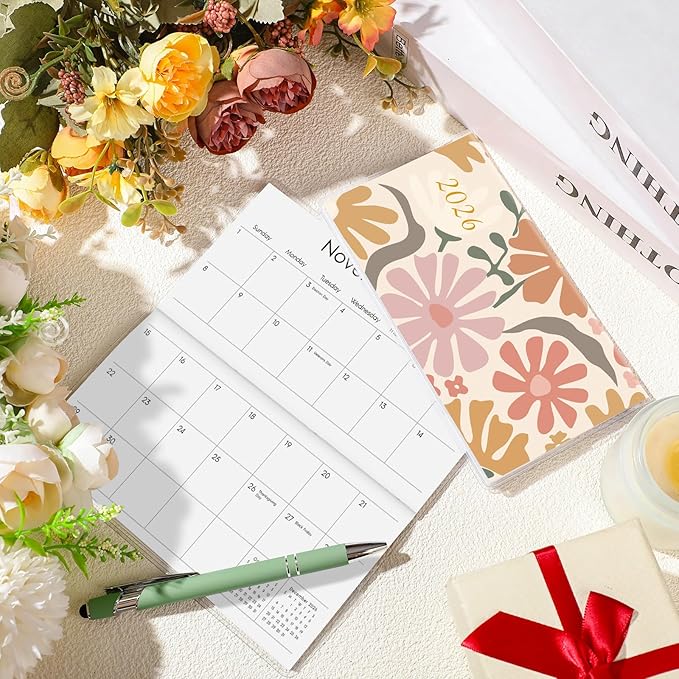 Gueevin 2026 Pocket Calendar for Purse with Pen Small Pocket Planner Handy Weekly Monthly Planner Journal Writing Notebook Valentine New Year Gift Sister Friend Women(Cartoon Flower,Morandi Green)