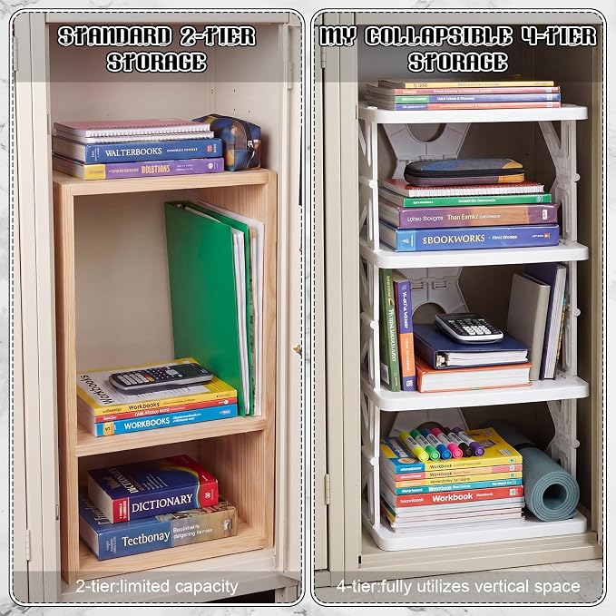 Lineshading 4 Tier Foldable Locker Organizer Shelf Foldable Storage Shelves Locker for School, Office, Gym Lockers, Dorm Room, Multi-Layer Shoe Gear Tower, Heavy-Duty No-Tool Portable Shelf(White)
