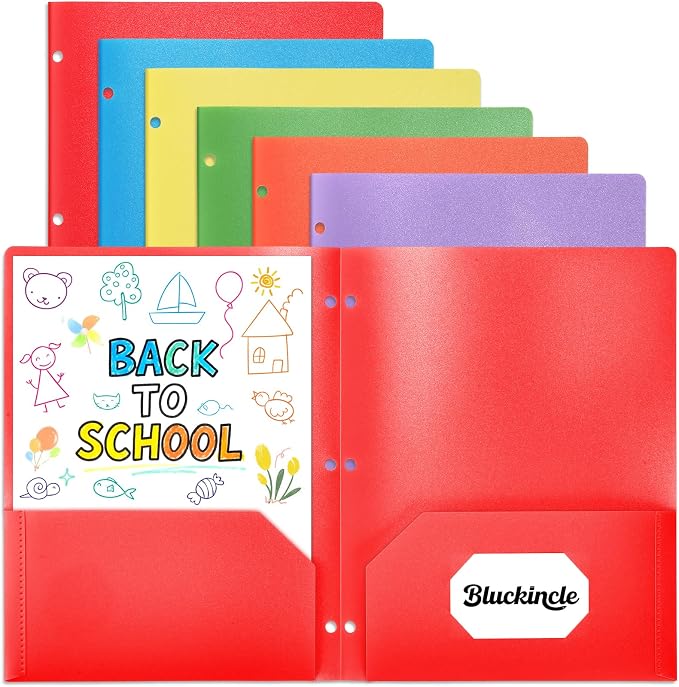 Plastic Folders with Pockets 3 Hole Punched, Pocket Folders for 3 Ring Binder, 6 Pack Colored File Folder for School, Office, Documents, Filing Cabinet, 2 Pocket Blinder Folder with Holes