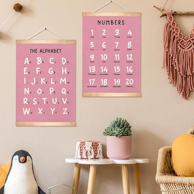 Alphabet and Numbers Educational Chart Set of 2 for Classroom Decor,Colorful Educational Poster for Toddlers 1-3,Toddler Learning Poster for Ages 3-5 for Nursery Playroom,Classroom Must Haves 14x18.5Inch(Pink)