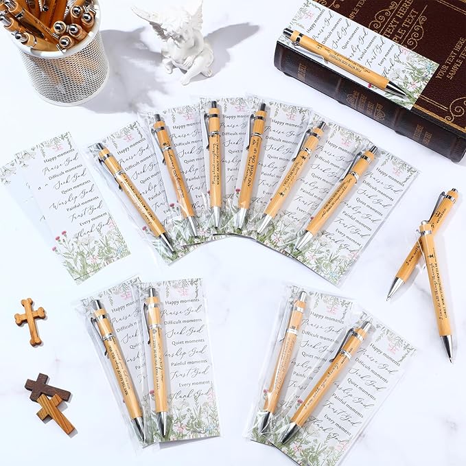 10 Set Christian Religious Gifts Bulk Include Bible Verse Pens and Inspirational Bookmarks Scripture Quote Bible Study Group Church Gifts for Christian Graduation Mother's Day Pastor (Bamboo)