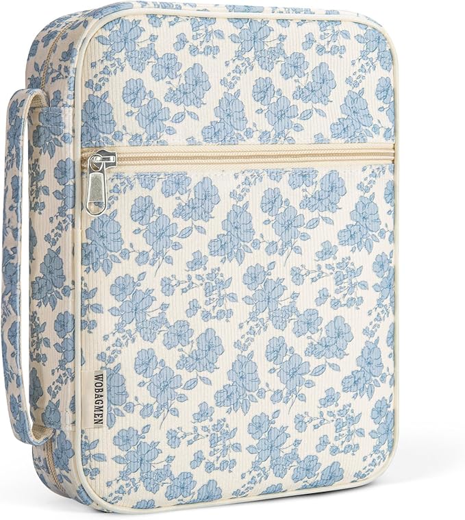 WOBAGMEN Bible Cover Case for Women,Cordoury Bible Cover with Handle,Blue Floral Bible Book Cover,Carrying Case Bible Protective Christian Gift(Cute Blue Floral, M)