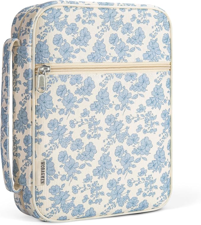 WOBAGMEN Bible Cover Case for Women,Cordoury Bible Cover with Handle,Blue Floral Bible Book Cover,Carrying Case Bible Protective Christian Gift(Cute Blue Floral, L)