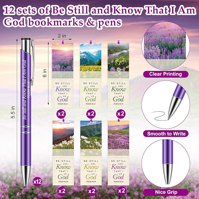 Dispowreath 24 Pcs/ 12 Sets Be Still and Know That I Am God Bookmark with Pen, Include 12 Psalm 46: 10 Bookmarks, 12 Inspirational Bible Verse Pen for Women & Men Christian Gifts Church Party Supplies