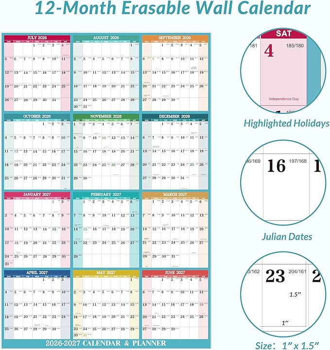 2026-2027 Yearly Wall Calendar - Dry Erase Calendar 2026-2027, July 2026 - June 2027, 34.8'' × 22.8'', 2-Sided Erasable Calendar with 8 Round Stickers