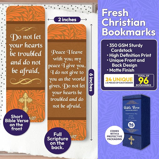 96 Bible Bookmark Pack with Bible Verses – Multiple Designs – Inspirational Christian Bookmarks for Women & Men – Bible Book Markers for Classroom, Bible Study, Church Supplies
