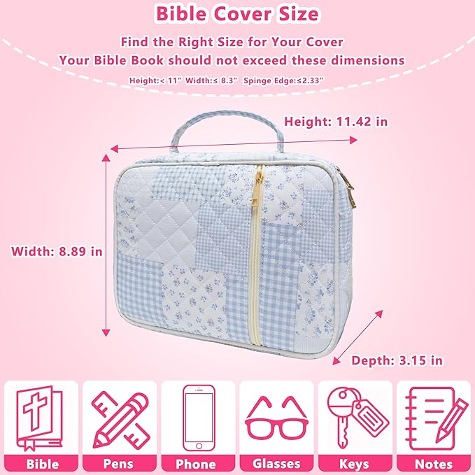 Bible Cover for Women, Large Quilted Case with Handle, Durable Bag and Carrying Case for Girls, Study Supplies Accessories, Christian Gift for Women (Blue Spliced Flower, Large-Bag Set)