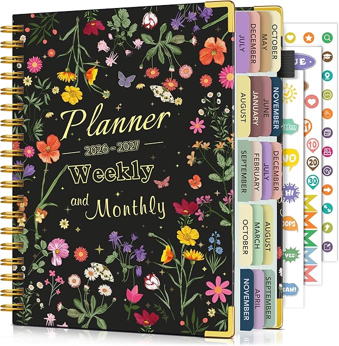Academic Planner 2026-2027, 18 Months Weekly and Monthly Calendar Planner from July 2026 - December 2027, 7.3" x 10" B5 Large Hardcover Agenda Organizer Book with Tabs, Yearly Daily Planners for School Work Student Teacher, Black Garden