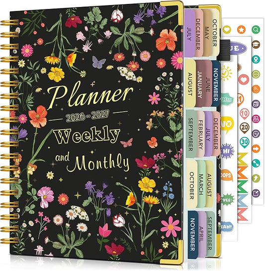 Academic Planner 2026-2027, 18 Months Weekly and Monthly Calendar Planner from July 2026 - December 2027, 7.3" x 10" B5 Large Hardcover Agenda Organizer Book with Tabs, Yearly Daily Planners for School Work Student Teacher, Black Garden