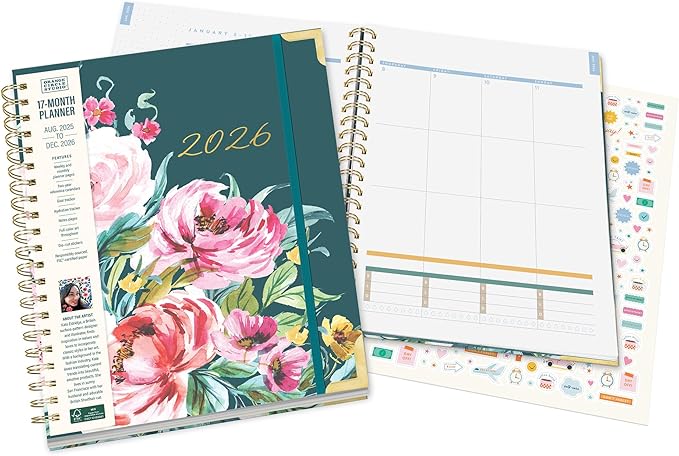 Orange Circle Studio 2026 Planner, Bella Flora, 11.1" x 9.6", Deluxe Extra Large Spiral, August 2025 to December 2026, Weekly & Monthly Notebook, For School or Work, Appointment & Budget & Goal Tracker