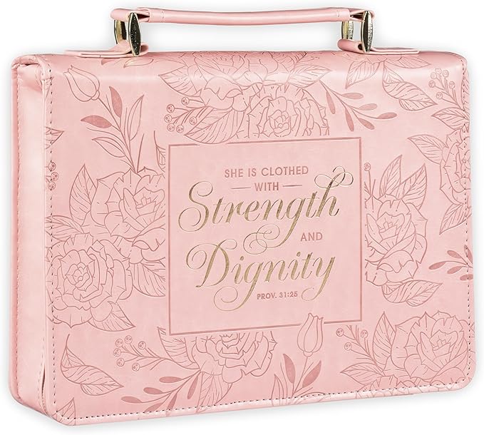 Christian Art Gifts Premium Vegan Leather Fashion Floral Bible Cover for Women: Strength & Dignity - Prov. 31:25 Inspirational Scripture Verse Carry Case w/Pockets & Pen Storage, Pink & Gold, Medium