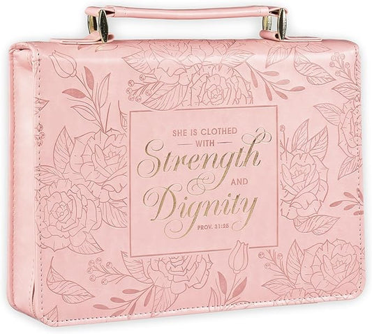 Christian Art Gifts Premium Vegan Leather Fashion Floral Bible Cover for Women: Strength & Dignity - Prov. 31:25 Inspirational Scripture Verse Carry Case w/Pockets & Pen Storage, Pink & Gold, Large