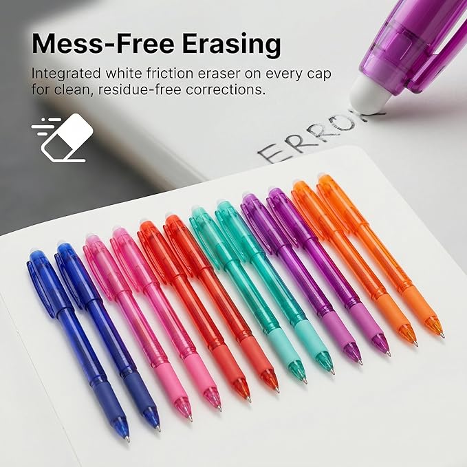 Volcanics Erasable Gel Pens with Caps, Colored Gel Ink Pens 0.7mm Medium Point Fine Tip, 6 Assorted Vibrant Colors for Note Taking, Planner, and Office Supplies, 36 Pack