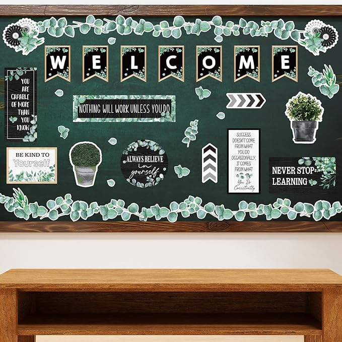 FYSUIMU 47Pcs Modern Farmhouse Inspirational Bulletin Board Welcome Banner Eucalyptus Greenery Paper Cutouts with 100Pcs Glue Points for Back to School Party Classroom Craft Wall Decor