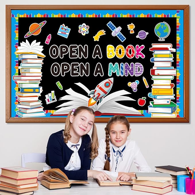 Reading Bulletin Board Set Open A Book Open A Mind Classroom Bulletin Board Decorations Books Paper Cutouts for Back to School Reading Day Classroom Library Office Home Wall Door Supplies