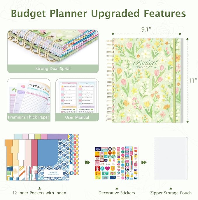 Ospelelf Budget Planner and Monthly Bill Organizer, Spiral Bindding Money Expense Tracker with Pockets & Stickers, 9" X 11" Large Pages for Spacious Writing, Original Fun Colorful Design, 12 Month Financial Notebook Green Floral