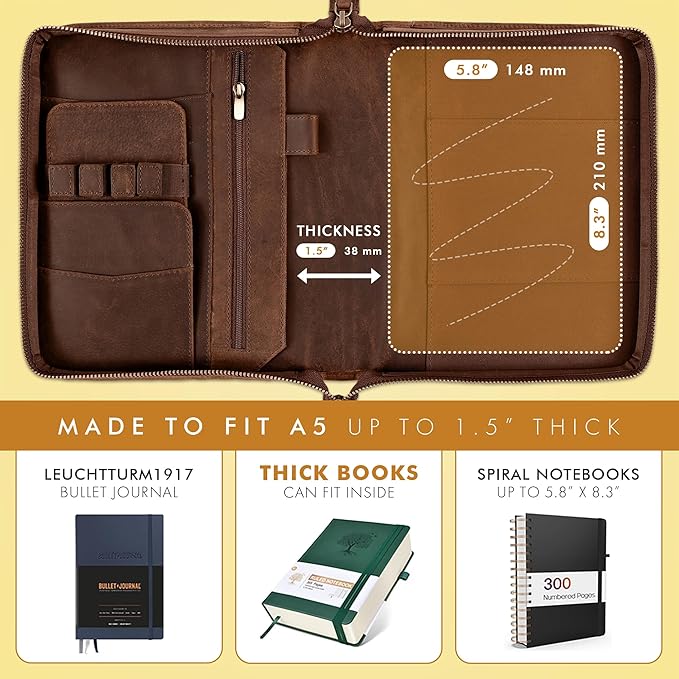ELIZO Leather A5 Portfolio Padfolio Folio A5 Notebook Journal Cover Planner Binder Small Mens Business Work Folder Organizer (Grizzly)