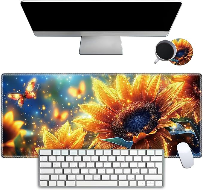 Mouse Pad Gaming Mousepad 31.5x11.8 Inch XXL Large + Coasters,Desk Mat with Stitched Edges, Non-Slip Rubber Base, Thick Mouse Pad for Computer, Laptop, Office & Home - Sunflower