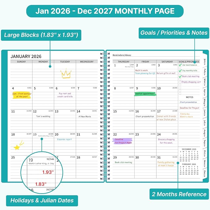 2026-2027 Monthly Planner, 2 Year Calendar Planner, Jan 2026 - Dec 2027, 8.5’’ x 11’’, Large Spiral Agenda, 24 Months, with Tabs ＆Pocket, Flexible Cover, Organizer for Office Home School, Green