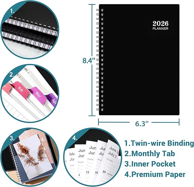 2026 Planner - Planner 2026 Weekly and Monthly, Jan 2026 - Dec 2026, 2026 Planner 6.3” × 8.4”, Notes, Thick Paper, Back Pocket, Twin-wire Binding