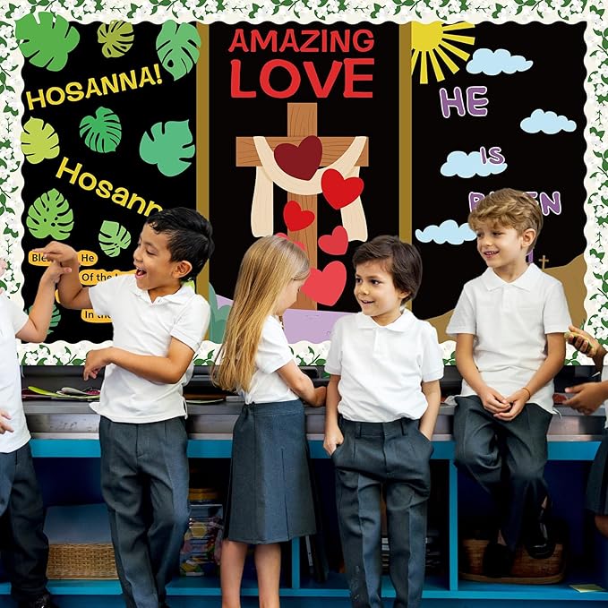 Easter Religious Bulletin Board Set Christian Jesus Classroom Decorations He is Risen Bulletin Board Easter Love Hearts Cross Jasmine Borders Cutouts for Sunday School Church Chalkboard Wall Decor