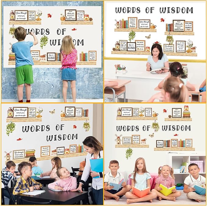 Qilery Bookshelf Bulletin Board Set, Motivational Words of Wisdom Cutouts for Classroom Decor, Rustic Boho Library Reading Nook Wall Posters, Inspirational Teacher Supplies for Back to School