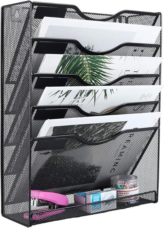 EasyPAG 5 Tier Wall File Holder Mesh Hanging Folder Organizer with Classify Label, Versatile Desk File Holder, Vertical Wall Mounted Mail Organizer for Office Home Cubicle, Black, Closed Sides