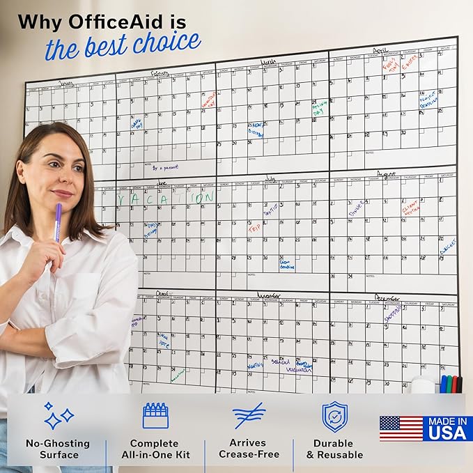 Yearly Large Dry Erase Calendar Wall Planner, 36x48, 12 Month Undated Reusable Laminated Wall Calendar, Blank Erasable Task Organizer with Notes for Office, Classroom & Home