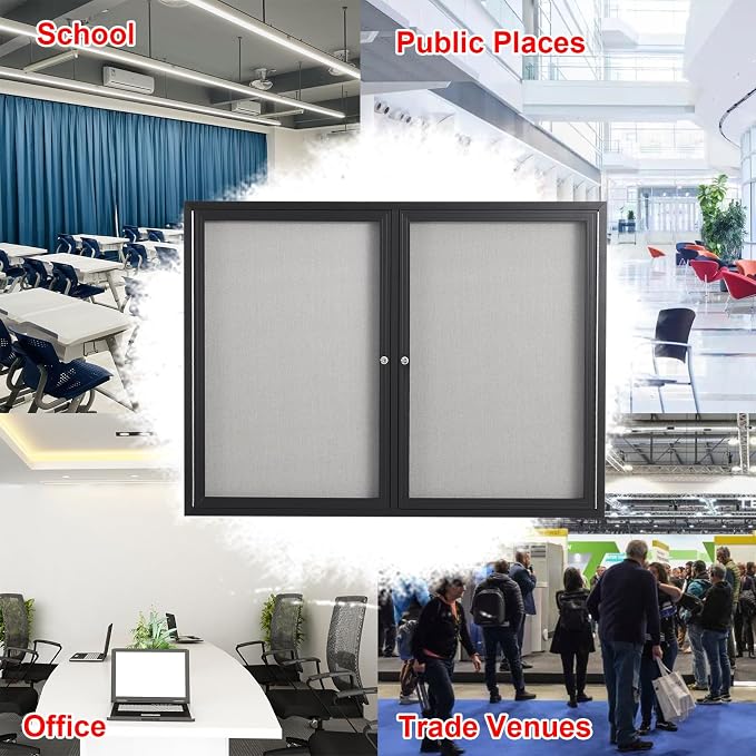 48x36 Inch Lockable Enclosed Bulletin Board, Weather-Resistant Outdoor Noticeboard with 2 Locking Doors, Wall-Mounted Black Aluminum Frame & Grey Felt Presentation Board