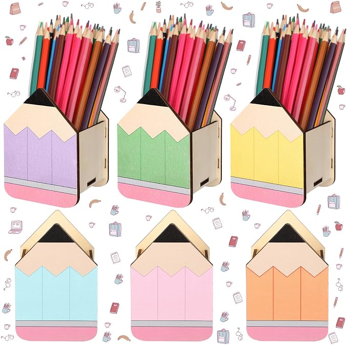 Zhehao 6pcs Pencil Shaped Pen Holders for Desk Back to School Notebook Wooden Pen Storage Organizer, Cute Desktop Pencil Cups, Stationery Pot Bulk for Back to School Teacher Classroom Office Supplies