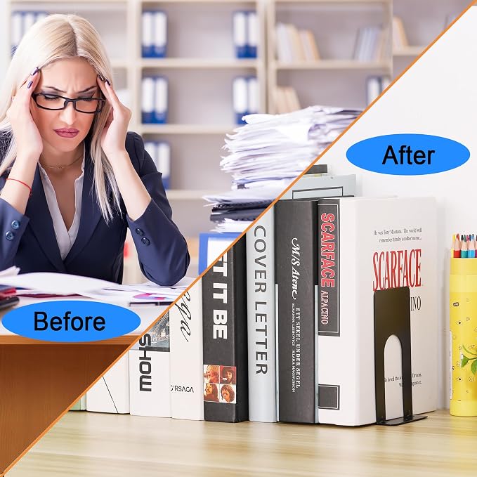 JIANTA Small Book Ends, Bookends for Shelves, Heavy Duty Metal Bookends, Black Non-Skid Bookshelf Holder Stand for Home, Office, Library, School (5.1 x 3.9 x 2.7 in, 6 Pairs)