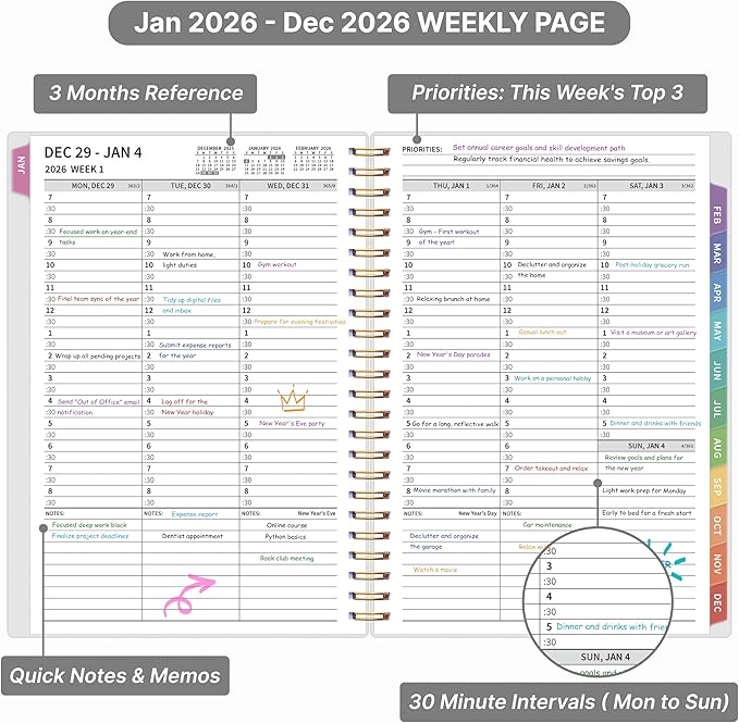 2026 Appointment Book, 30 Minutes-Hourly, Weekly ＆ Monthly Calendar Planner 2026, Jan 2026 - Dec 2026, 6.2'' x 8.4'', 2026 Daily Planner with Tabs ＆Pocket, Flexible Cover, Great for Office, Home, School