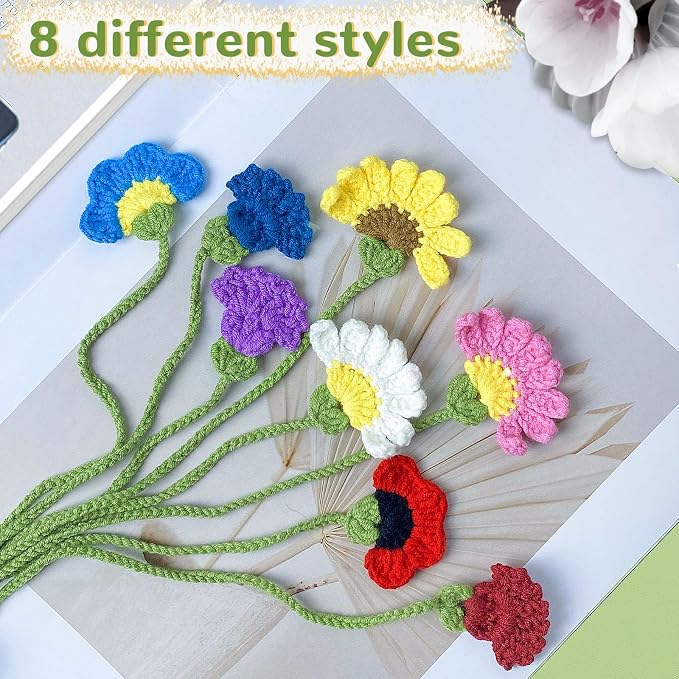 8 Pack Crochet Flower Bookmarks for Women,Handmade Personalized Cute Bookmarks,Gifts for Book Lovers and Teachers,Bag Charms,Keychain