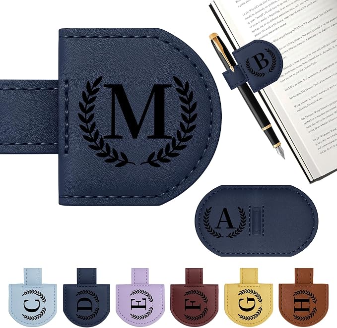 Personalized Magnetic Bookmark Pen Holder, Leather Book Marks for Reading Women& Men, Engraving 26 Letters Name Initial Bookmarks with Pencil Pen Holder, Gift for Book Lovers, Readers (Dark Blue, M)