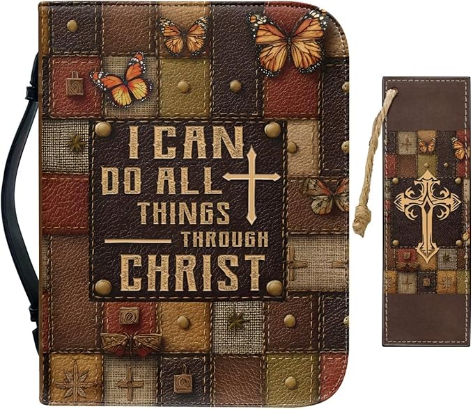 Vintage Cross and Butterfly Bible Case with Bookmark Waterproof Bible Cover Case for Women Lightweight Bible Bag with Handle Pockets Church Book Bag Brown