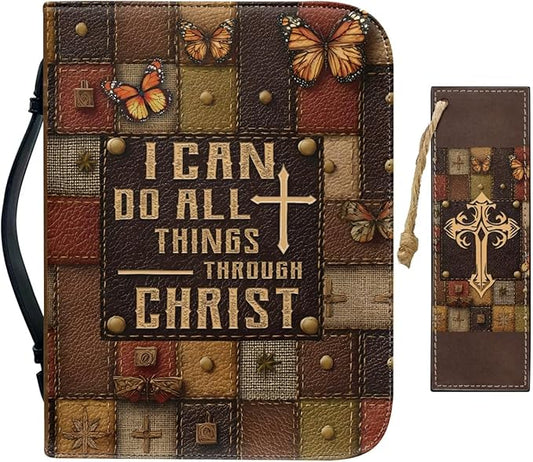Vintage Cross and Butterfly Bible Case with Bookmark Waterproof Bible Cover Case for Women Lightweight Bible Bag with Handle Pockets Church Book Bag Brown