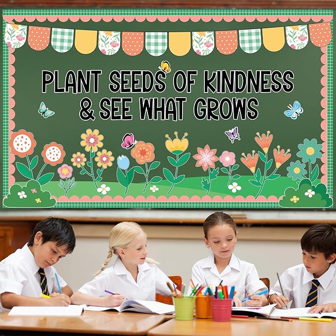 Spring Kindness Bulletin Board Set Plant Kindness Classroom Decoration Colorful Flowers Butterflies Paper Cutouts for Back to School Home Nursery Chalkboard Wall Decor Springs Party Supplies