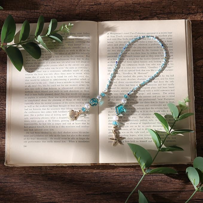 Seashell Starfish Beaded Bookmark - Ocean Blue Beads Book Mark for Women, Unique Coastal Aesthetic Accessories Bookish Gifts for Booklovers Students Teachers