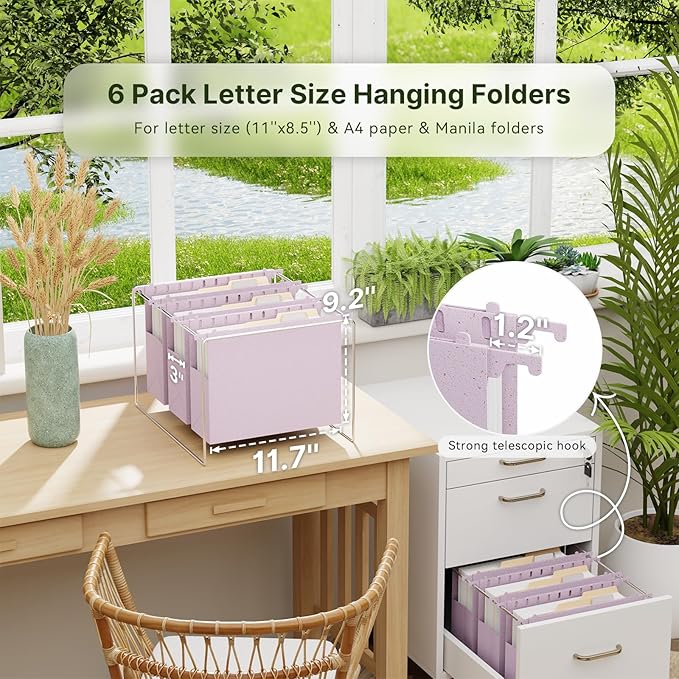 XINGIA Extra Capacity Plastic Hanging File Folders Letter Size,3'' Expanding File Folder with Tabs,6 Pack Wheat Straw Hang Folders for Filing Cabinet,Hanging File Organizer for File Frame,Box
